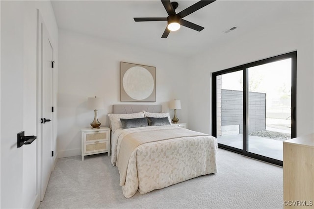 carpeted bedroom with access to outside and ceiling fan