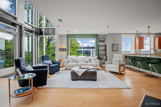 living room featuring plenty of natural light, light hardwood / wood-style flooring, and sink