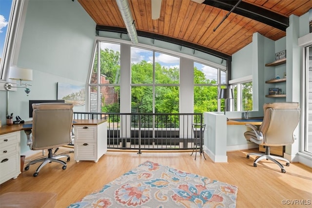 home office with lofted ceiling, built in desk, light wood-type flooring, and wood ceiling