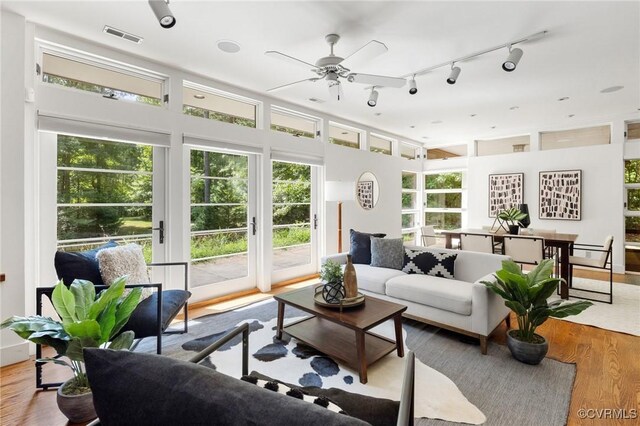 living room with ceiling fan, track lighting, and light hardwood / wood-style floors