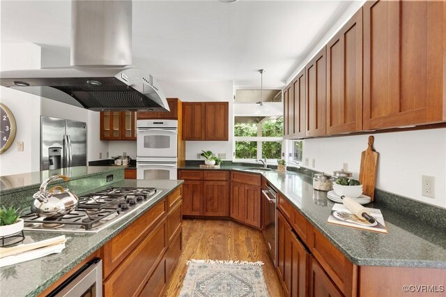 kitchen with hanging light fixtures, sink, island range hood, light hardwood / wood-style flooring, and appliances with stainless steel finishes