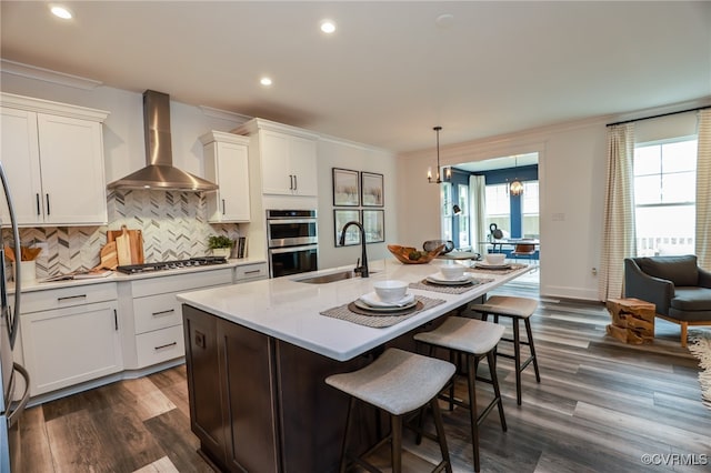 kitchen featuring wall chimney range hood, sink, appliances with stainless steel finishes, and dark hardwood / wood-style floors