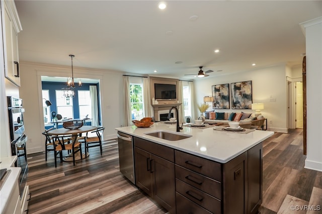 kitchen with dark hardwood / wood-style floors, hanging light fixtures, ceiling fan with notable chandelier, sink, and stainless steel appliances