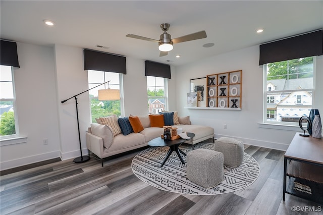 living room with ceiling fan, plenty of natural light, and hardwood / wood-style floors