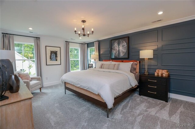 bedroom with multiple windows, carpet, a chandelier, and ornamental molding