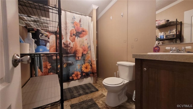 bathroom with walk in shower, ornamental molding, vanity, and toilet