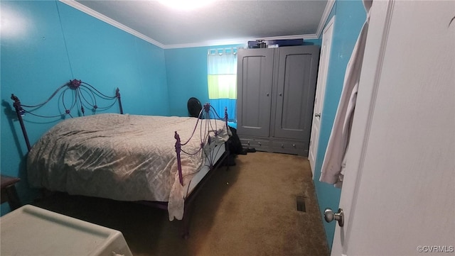 carpeted bedroom featuring crown molding