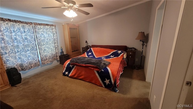 carpeted bedroom with crown molding and ceiling fan