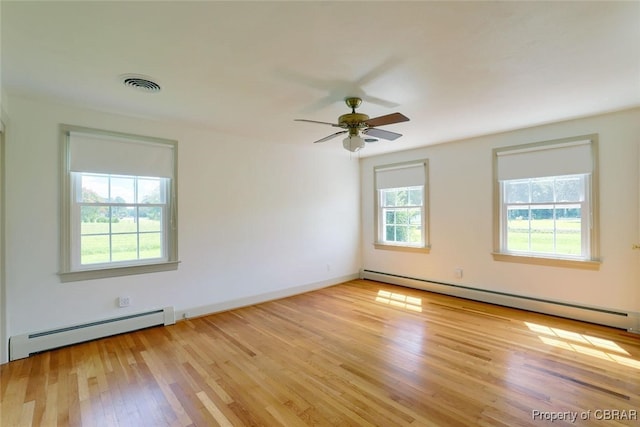 unfurnished room featuring light hardwood / wood-style flooring, plenty of natural light, and baseboard heating