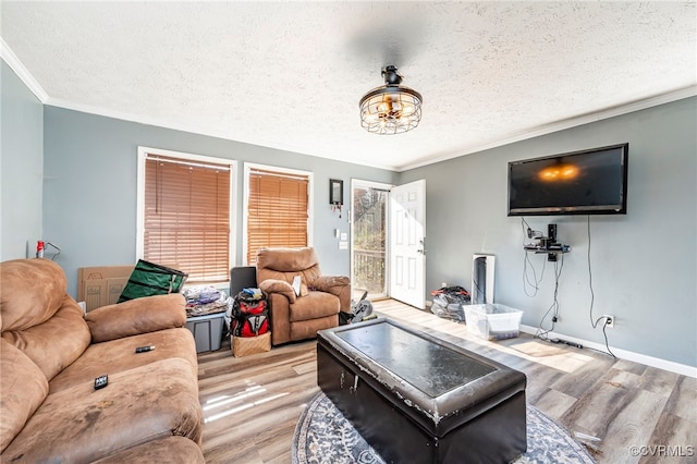 living room featuring a textured ceiling, light hardwood / wood-style floors, and crown molding