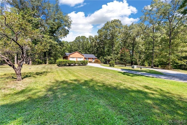 view of yard with driveway, a forest view, and an attached garage