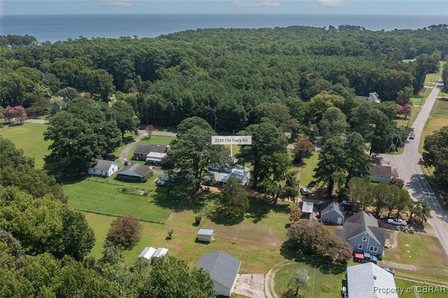 drone / aerial view with a water view and a view of trees