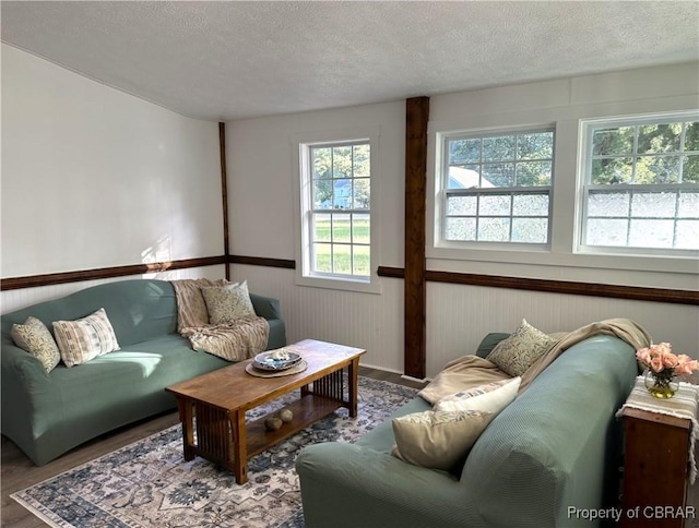 living room featuring a wainscoted wall, a textured ceiling, and wood finished floors