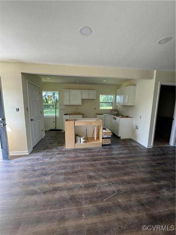 kitchen with dark hardwood / wood-style floors and white cabinetry