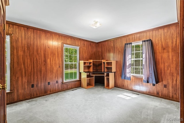 carpeted empty room featuring ornamental molding and wood walls