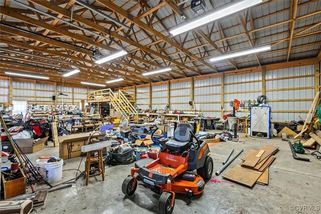 garage with a workshop area