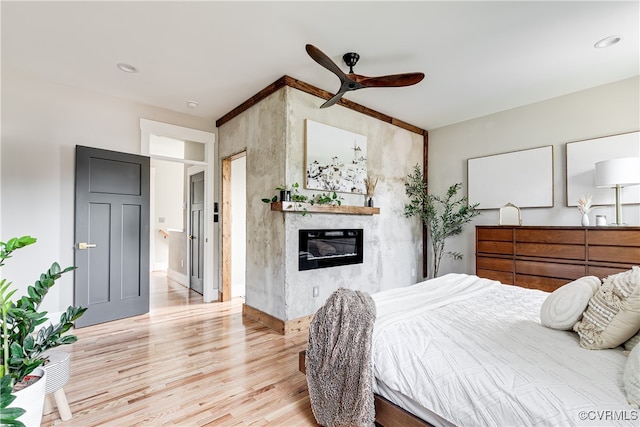 bedroom featuring ceiling fan and light wood-type flooring