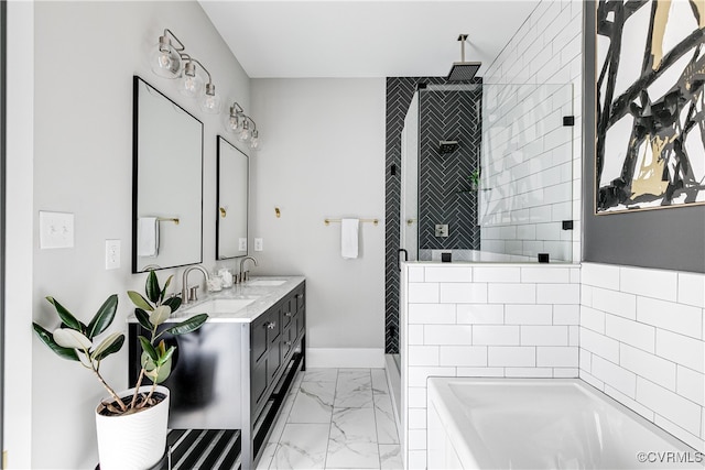 bathroom featuring plus walk in shower and vanity