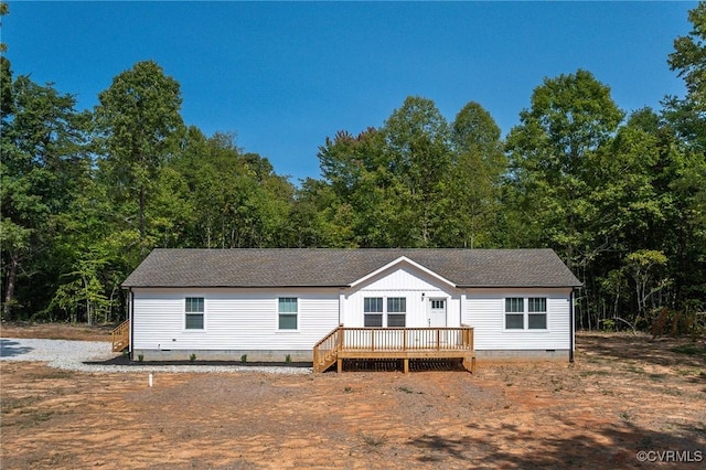 view of front facade with crawl space, a deck, and a shingled roof