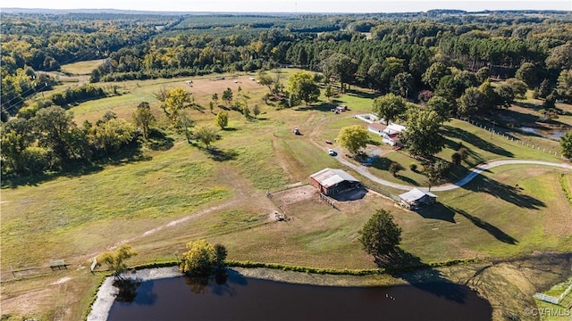 bird's eye view featuring a water view and a view of trees