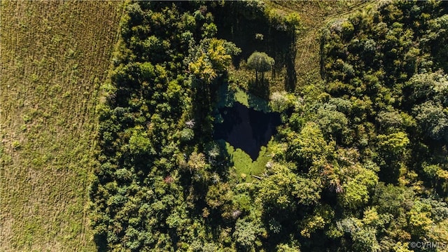 drone / aerial view featuring a wooded view