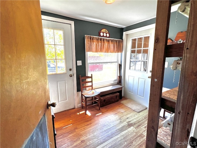 doorway with hardwood / wood-style flooring