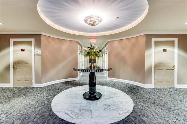 room details with carpet floors, ornamental molding, and a tray ceiling