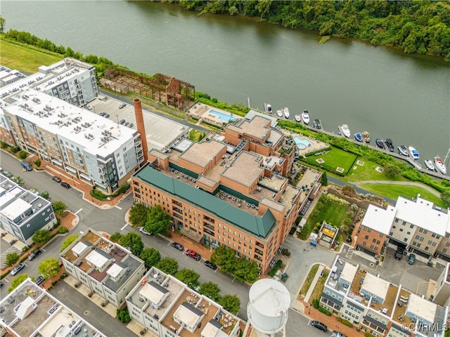 aerial view featuring a water view