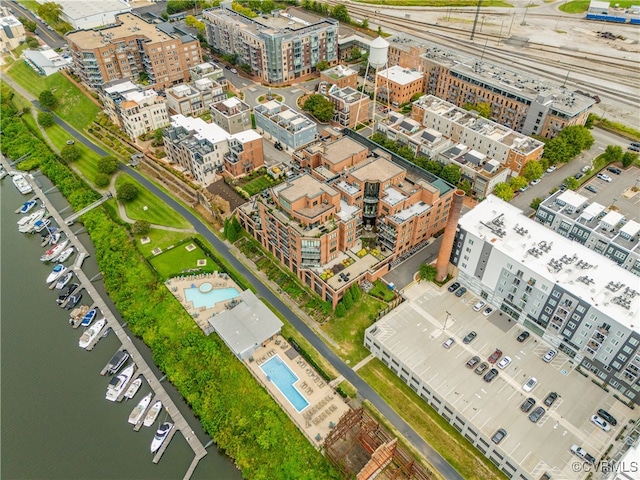 bird's eye view with a water view