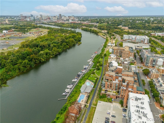 bird's eye view with a water view