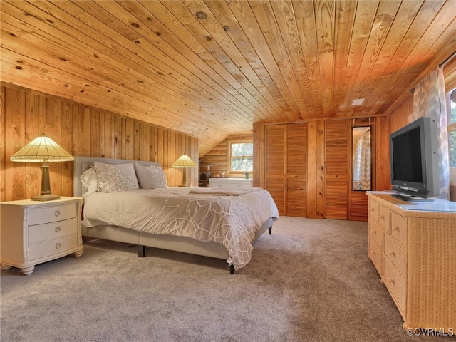 bedroom featuring lofted ceiling, wood walls, carpet flooring, and wooden ceiling