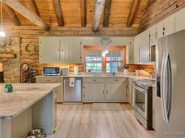 kitchen with hanging light fixtures, wood ceiling, stainless steel appliances, light hardwood / wood-style flooring, and sink