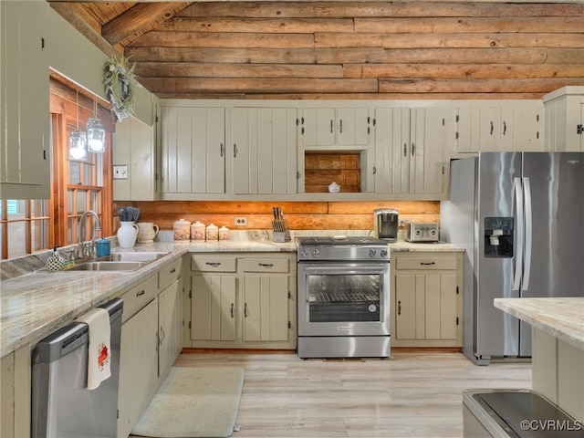 kitchen with cream cabinetry, light hardwood / wood-style floors, beamed ceiling, stainless steel appliances, and sink