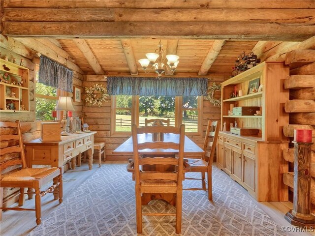 dining space featuring light hardwood / wood-style flooring, wood ceiling, and vaulted ceiling with beams