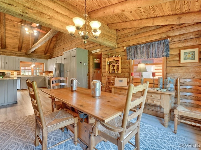 dining space featuring light hardwood / wood-style floors, log walls, ceiling fan with notable chandelier, wooden ceiling, and beam ceiling