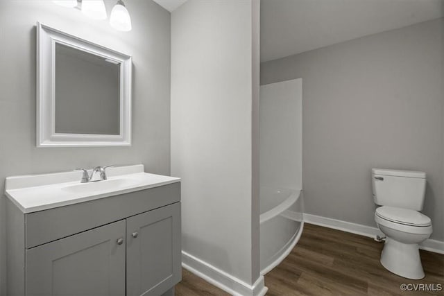 bathroom with vanity, toilet, and wood-type flooring