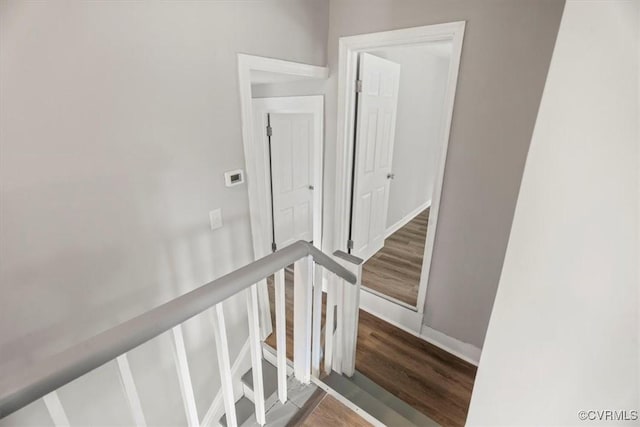 staircase with hardwood / wood-style floors