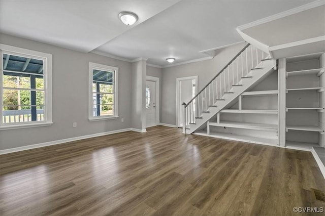 foyer featuring crown molding and dark wood-type flooring