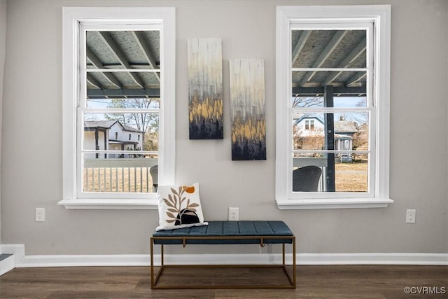 sitting room with dark wood-type flooring