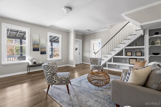 living room featuring crown molding and dark wood-type flooring