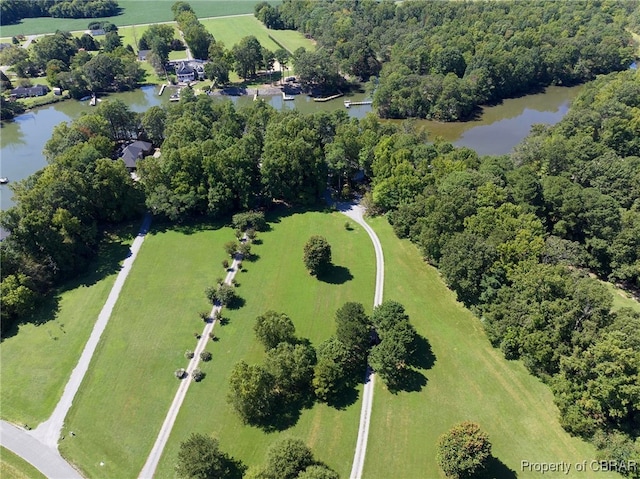 bird's eye view with a water view and a rural view