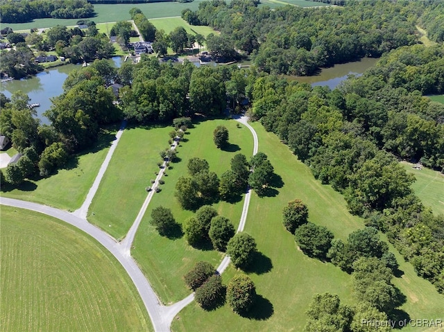 bird's eye view featuring a rural view and a water view