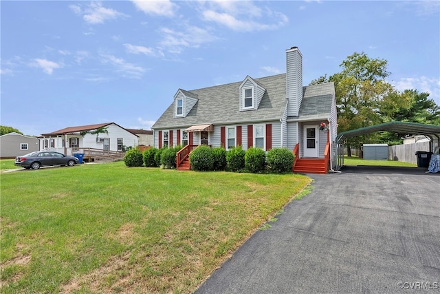 new england style home with a carport and a front yard