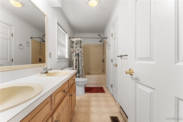 full bathroom with toilet, ornamental molding, vanity, baseboard heating, and shower / tub combo