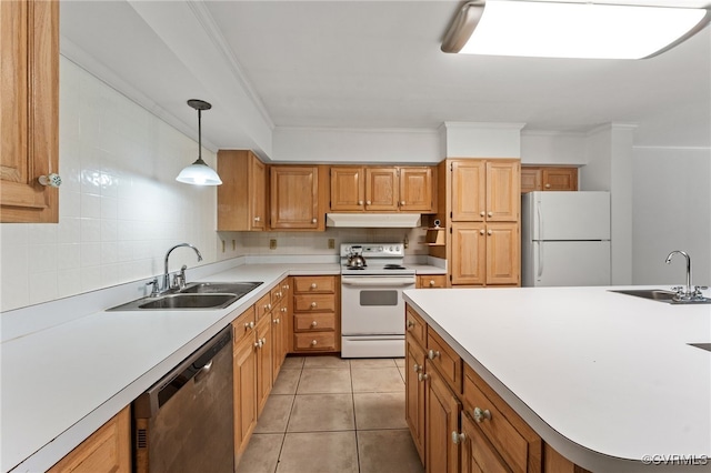 kitchen featuring white appliances, pendant lighting, light tile patterned flooring, and sink