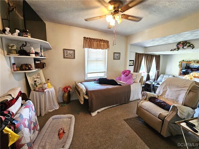 bedroom featuring a textured ceiling, ceiling fan, and multiple windows