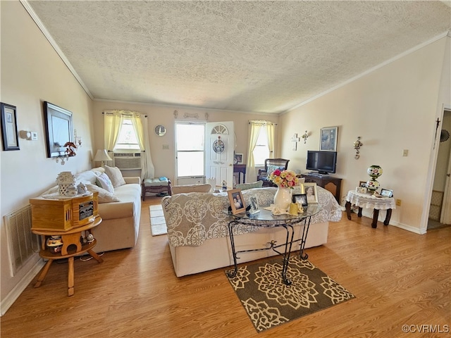 living room with lofted ceiling, ornamental molding, light wood-type flooring, and a textured ceiling