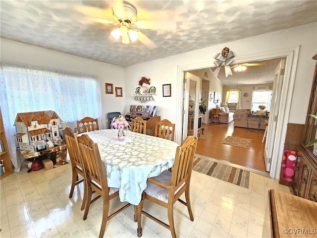 288 Cole Comfort Rd, Dillwyn, VA 23936 - dining area featuring light floors, a textured ceiling, and ceiling fan