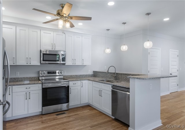 kitchen featuring white cabinetry, sink, pendant lighting, kitchen peninsula, and stainless steel appliances