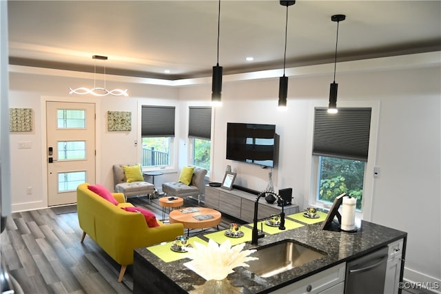 living room with dark hardwood / wood-style floors and sink